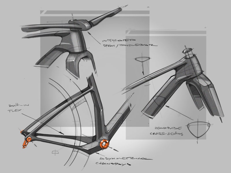 Defining features with pen & paper sketch of bicycle parts by Industrial Design Consultant, Fed Rios