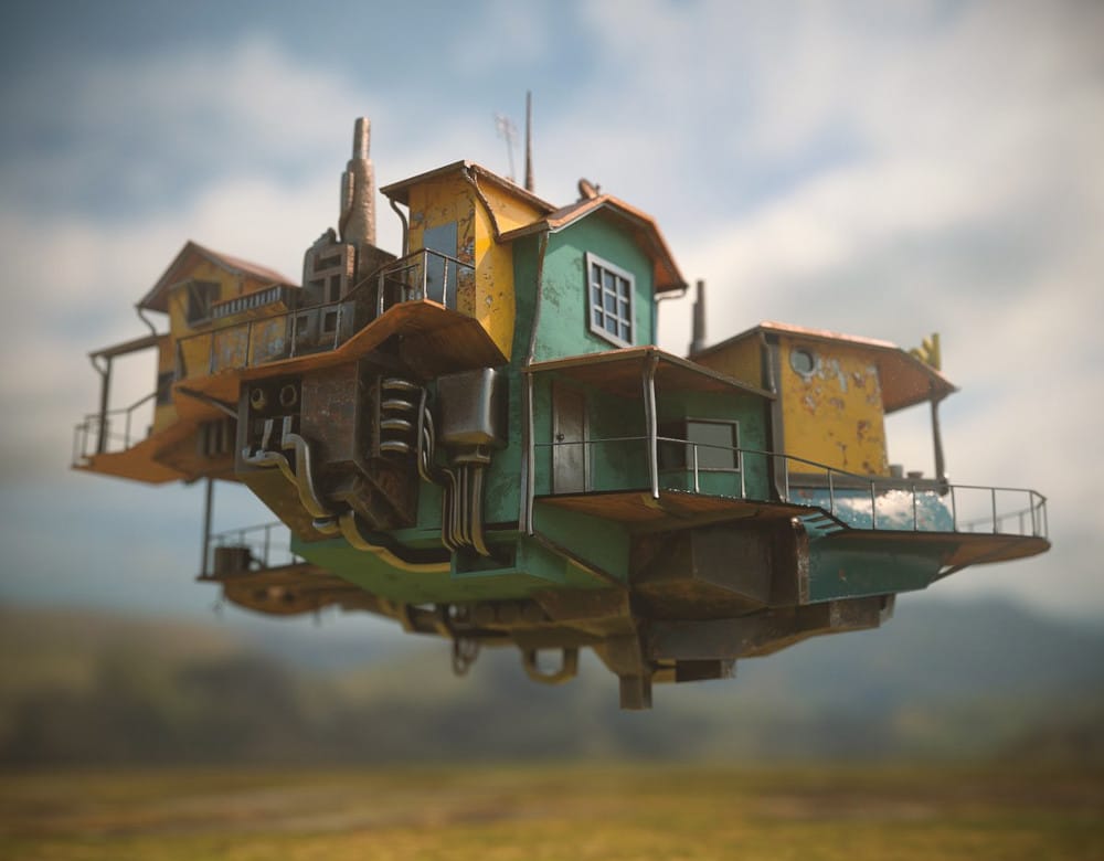 A floating house in a virtual world created in Gravity Sketch and painted and rendered in Substance, by Durk van der Meer