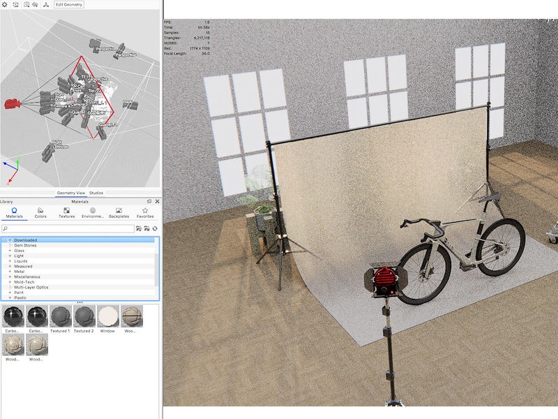 Bike model, created in Gravity Sketch and Rhino, in Keyshot, being set up for rendering