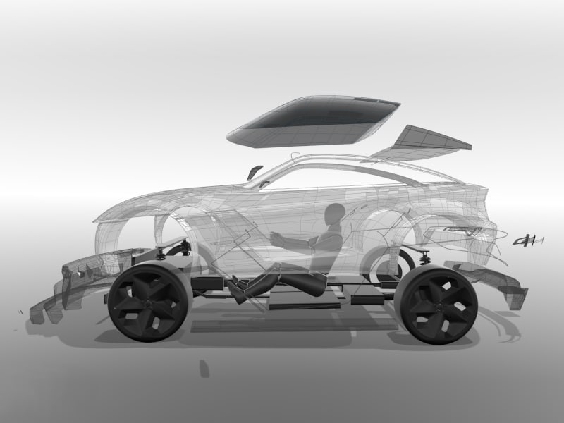 Exploded shot of a car design created in Gravity Sketch over the top of a chassis imported from Alias