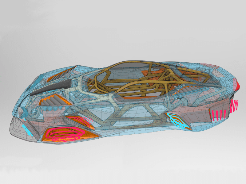 Outer surface set to transparent to show internal parts of car as seen in Gravity Sketch by Senior Designer, James Robbins