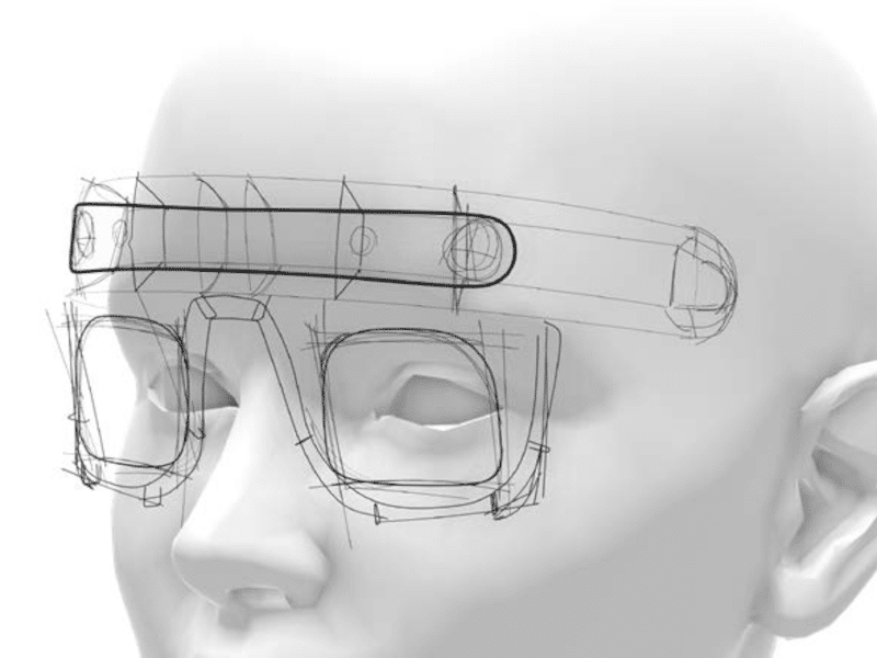 Rough draft of glasses on face done in Gravity Sketch by Industrial Designer, Lucas Van Dorpe from Achilles Design